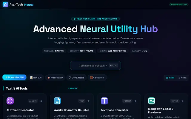 Screenshot of AsanTools — 31+ Next-Gen Web Utilities & Neural Hub
