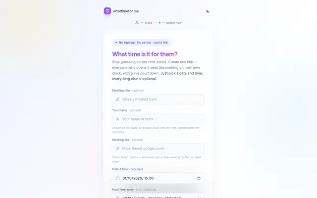 Screenshot of whattimefor.me — Share a meeting time everyone reads in their own time zone