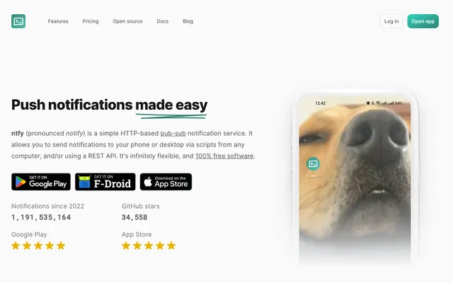 Screenshot of ntfy.sh | Send push notifications to your phone via PUT/POST