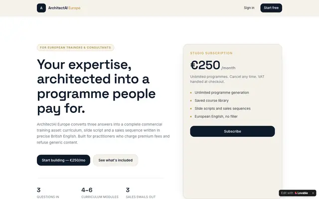 Screenshot of ArchitectAI Europe — Premium AI Course Studio