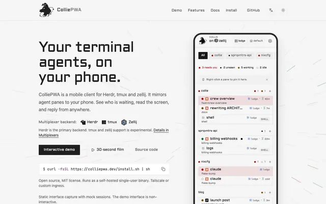 Screenshot of ColliePWA — your agent herd, from your phone