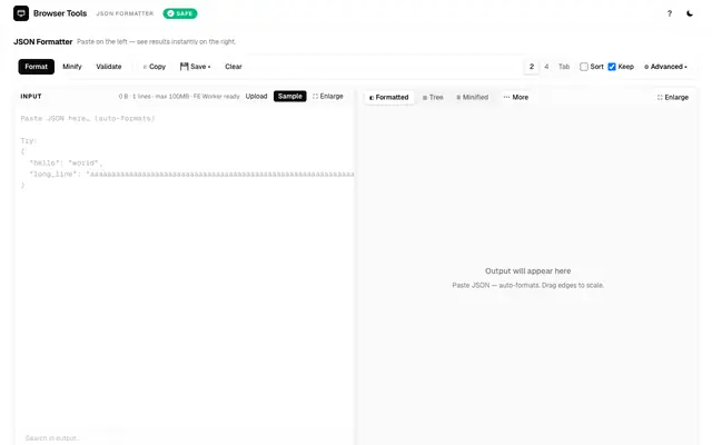 Screenshot of JSON Formatter — Format, Validate & Minify JSON Online — Browser Tools