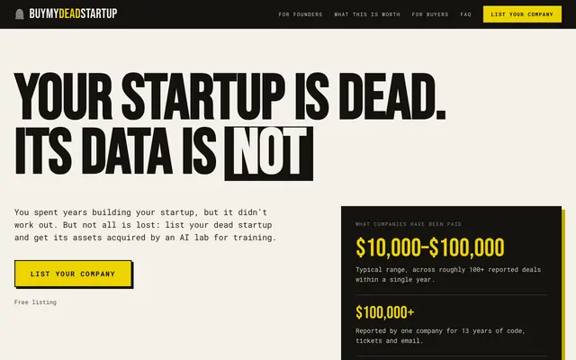 Screenshot of BuyMyDeadStartup — your startup is dead, its data is not