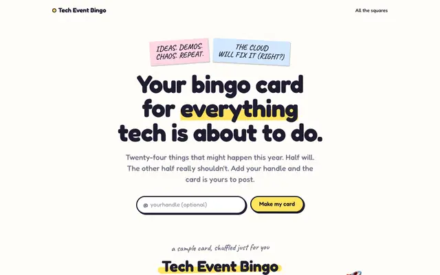 Screenshot of Tech Event Bingo: Same conferences. Brighter delusions.