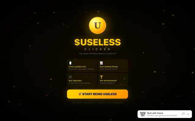 Screenshot of $USELESS Clicker — The Most Useless Game on Solana