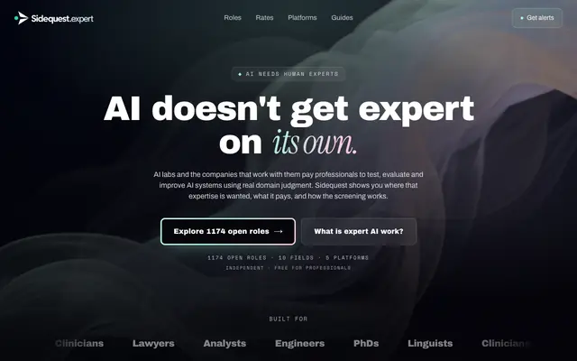 Screenshot of Sidequest — AI expert work: roles, rates and platforms compared
