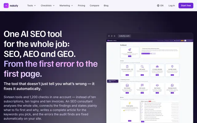 Screenshot of Nokofy — the SEO tool that researches, writes and tracks