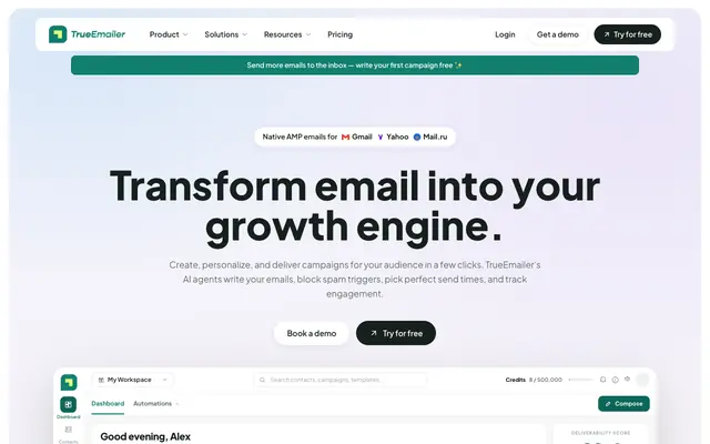 Screenshot of TrueEmailer – AI Email Platform & Automation