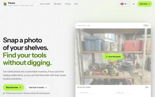 Screenshot of Finoo · Scan a shelf, know your stuff