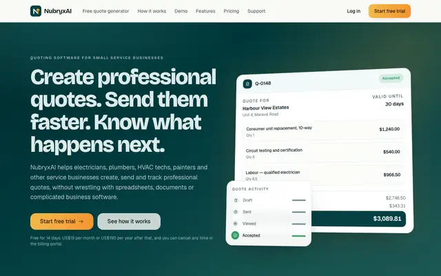 Screenshot of NubryxAI | Quoting software for small service businesses