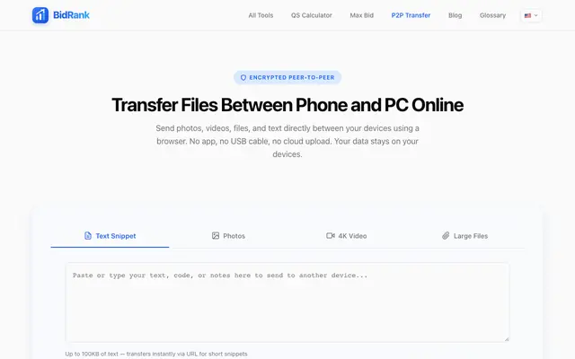 Screenshot of P2P File Transfer — Phone to PC Online | BidRank
