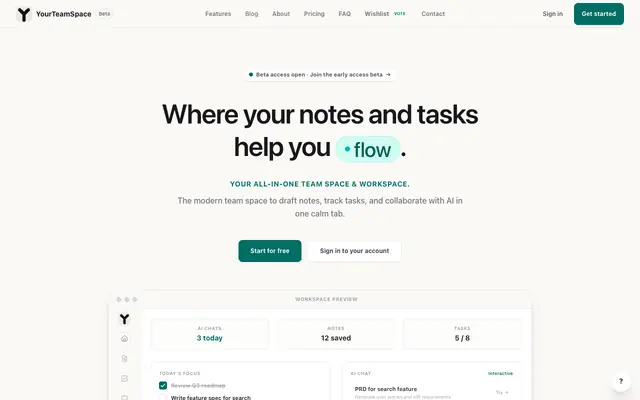 Screenshot of YourTeamSpace — Fast Notes, Tasks & AI Chat Workspace