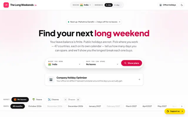Screenshot of Next Long Weekend 2026 & 2027 – Leave Calculator