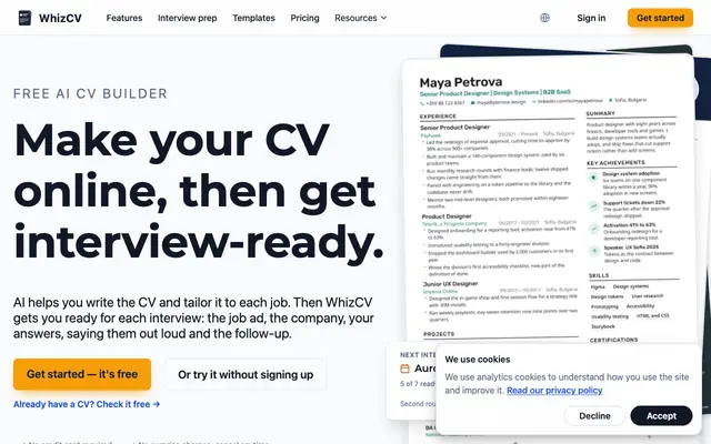 Screenshot of Free AI CV Builder — No Subscription | WhizCV
