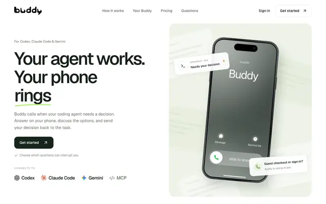 Screenshot of Buddy — Your agent works. Your phone rings.