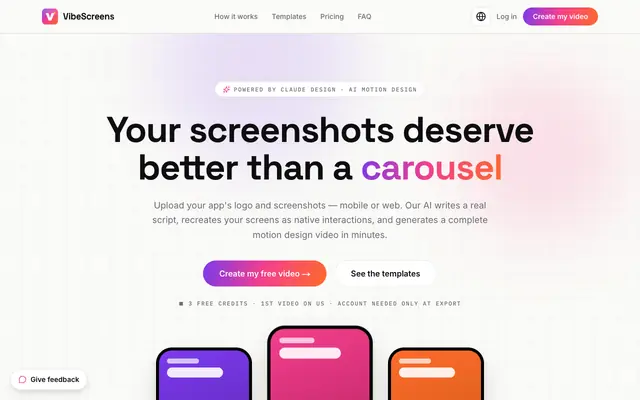 Screenshot of VibeScreens — Vidéos motion design de votre app, générées par IA
