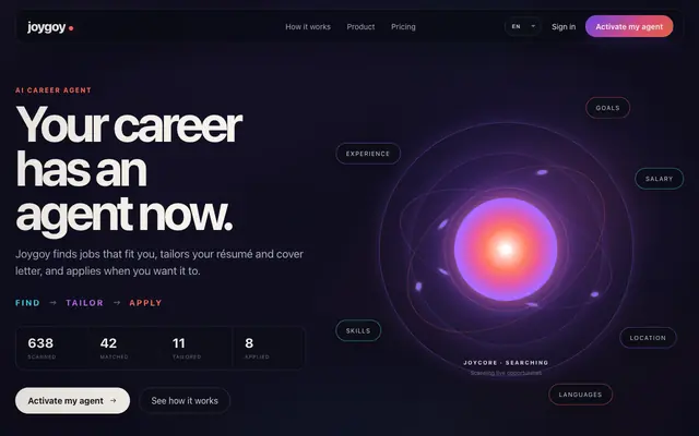 Screenshot of Joygoy — AI Job Search Agent | Find, Tailor & Apply