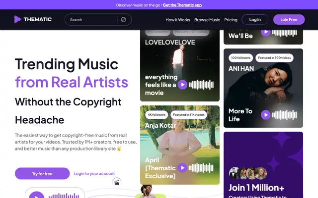 Screenshot of Copyright Free Music for Videos by Real Artists • Thematic