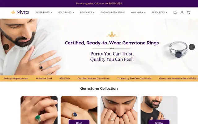 Screenshot of Myra Gems: Buy Certified Gemstone Rings for Men & Women
