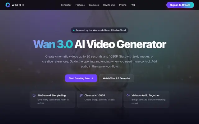 Screenshot of Wan 3.0 AI Video Generator | Text & References, up to 30s