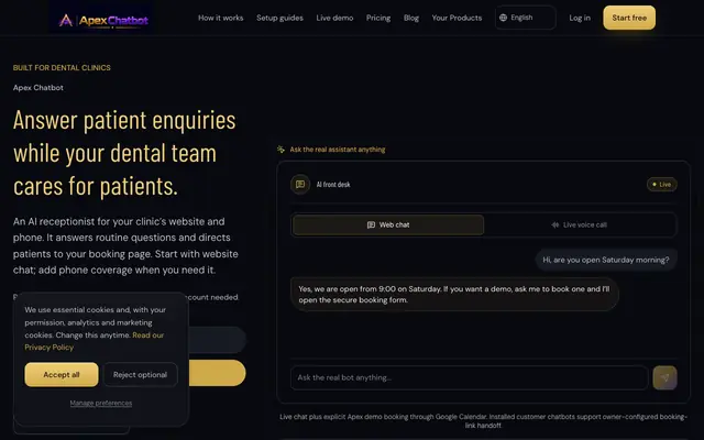 Screenshot of AI receptionist for dental clinics | Apex Chatbot