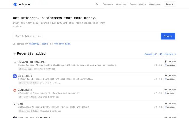 Screenshot of Ponicorn: Internet businesses that show their numbers