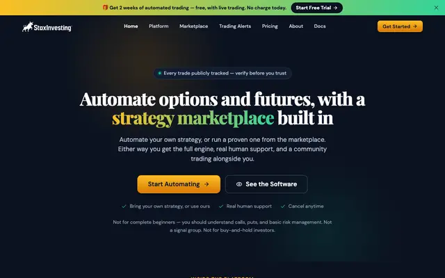 Screenshot of StaxInvesting | Automated Options Trading Software & Alerts