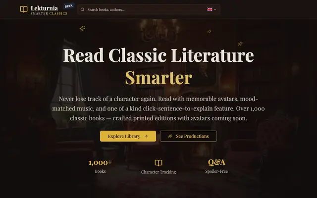 Screenshot of Lekturnia — Classic Literature with Click-to-Explain and Character Tracking