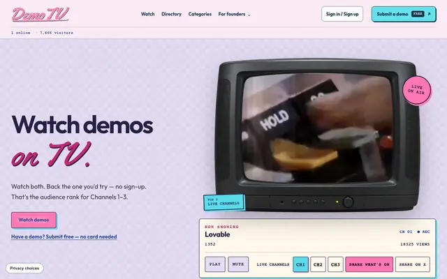 Screenshot of DemoTV — the audience-ranked channel for product demos