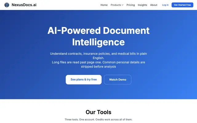 Screenshot of NexusDocs – Understand Contracts, Insurance Policies, and Medical Bills