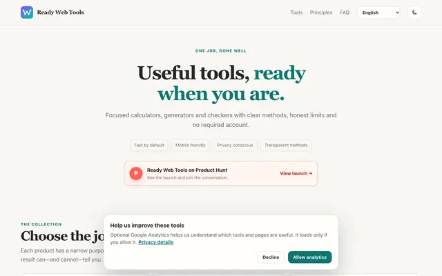 Screenshot of Ready Web Tools — Focused Calculators, Generators & Checkers