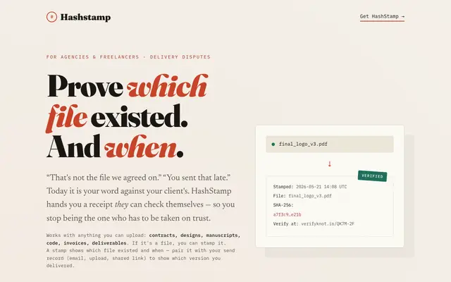 Screenshot of Hashstamp — Prove which file existed, and when