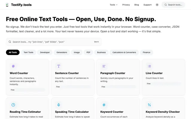 Screenshot of Free Online Text Tools - Textify.tools