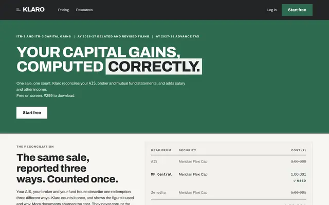Screenshot of Klaro: capital gains computed correctly, for ITR-2 and ITR-3