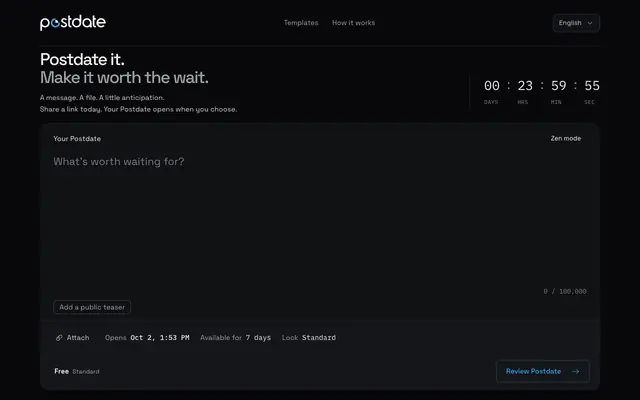 Screenshot of Time-Locked Messages & File Sharing | Postdate
