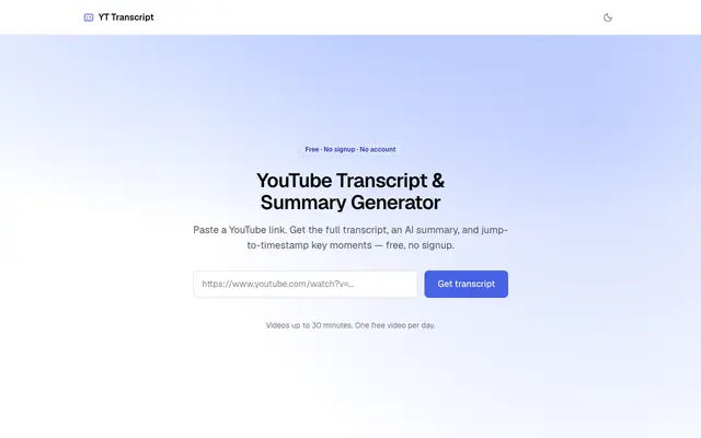 Screenshot of Free YouTube Transcript & Summary Generator | No Signup