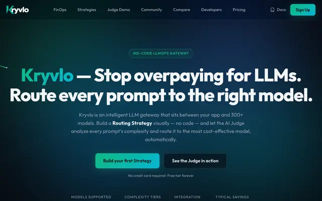 Screenshot of Kryvlo — No-Code LLM Routing Strategies & Community LLMOps