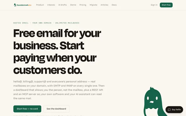 Screenshot of FounderMail — free business email on your domain, sorted by customer