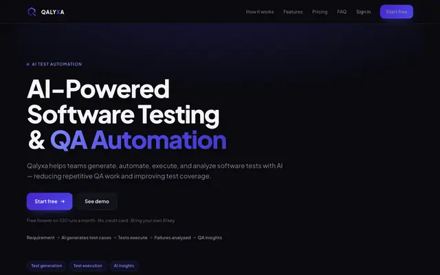 Screenshot of Qalyxa — AI-Powered Software Testing & QA Automation