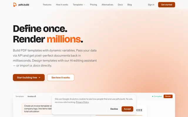 Screenshot of pdfs.build — PDF Template Engine & Rendering API