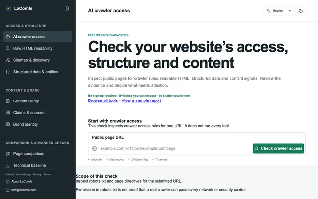 Screenshot of AI Agent Readiness & Technical GEO Audit | Lacomfe