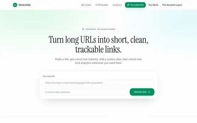 Screenshot of Verra Links — Free URL Shortener with Click Analytics