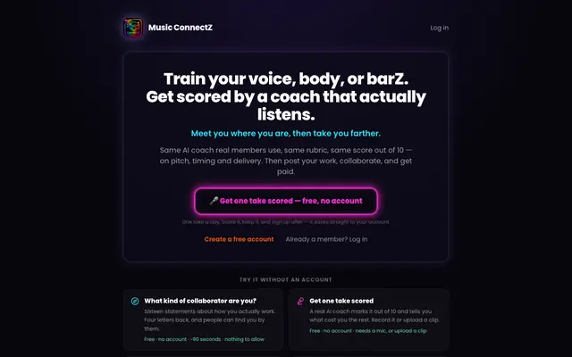 Screenshot of Music ConnectZ — AI Vocal & Rap Coach, Collabs, Paid Gigs