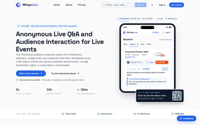 Screenshot of WhisprLive – Anonymous Live Q&A & Real-Time Feedback