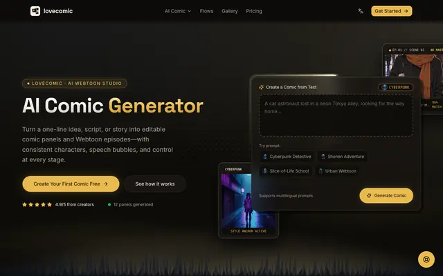 Screenshot of AI Comic Generator - Free Webtoon & Manga Maker | Lovecomic