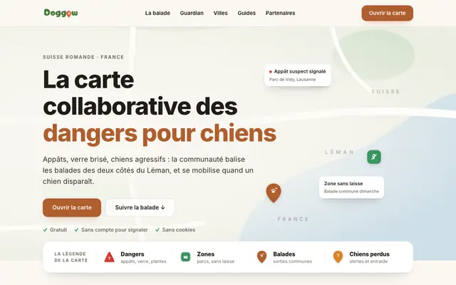 Screenshot of Doggow · La carte collaborative des dangers pour chiens