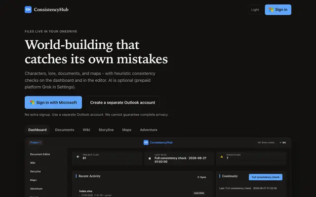 Screenshot of ConsistencyHub — Free World-Building & Writing Consistency Tool