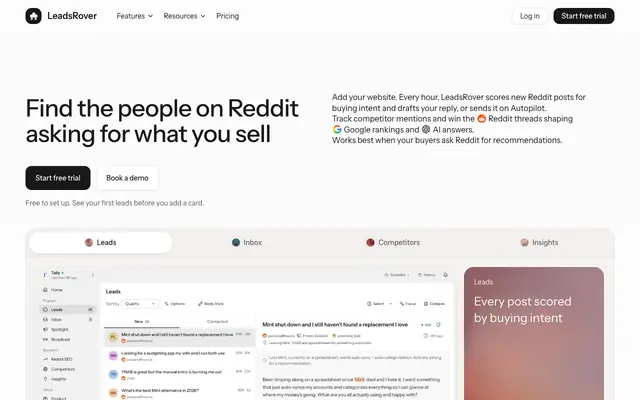Screenshot of Reddit Growth Platform for Leads, Competitors & SEO | LeadsRover