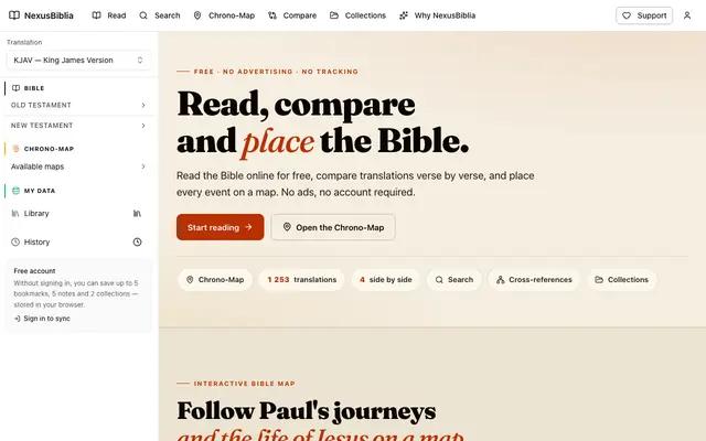 Screenshot of Lire la Bible en ligne — 1 253 traductions, comparaison et cartes | NexusBiblia