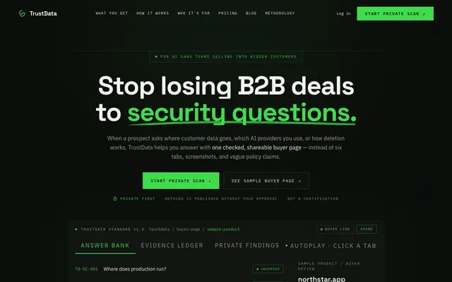 Screenshot of TrustData — Stop losing B2B deals to security questions